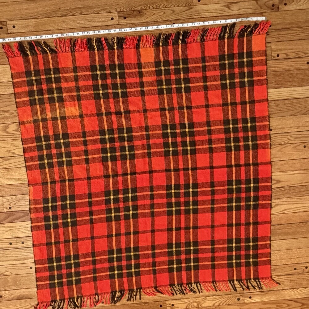 Vintage Orange Brown Plaid Wool Blend Throw Blanket Fringe Faribo Style Cabin - Picture 4 of 5